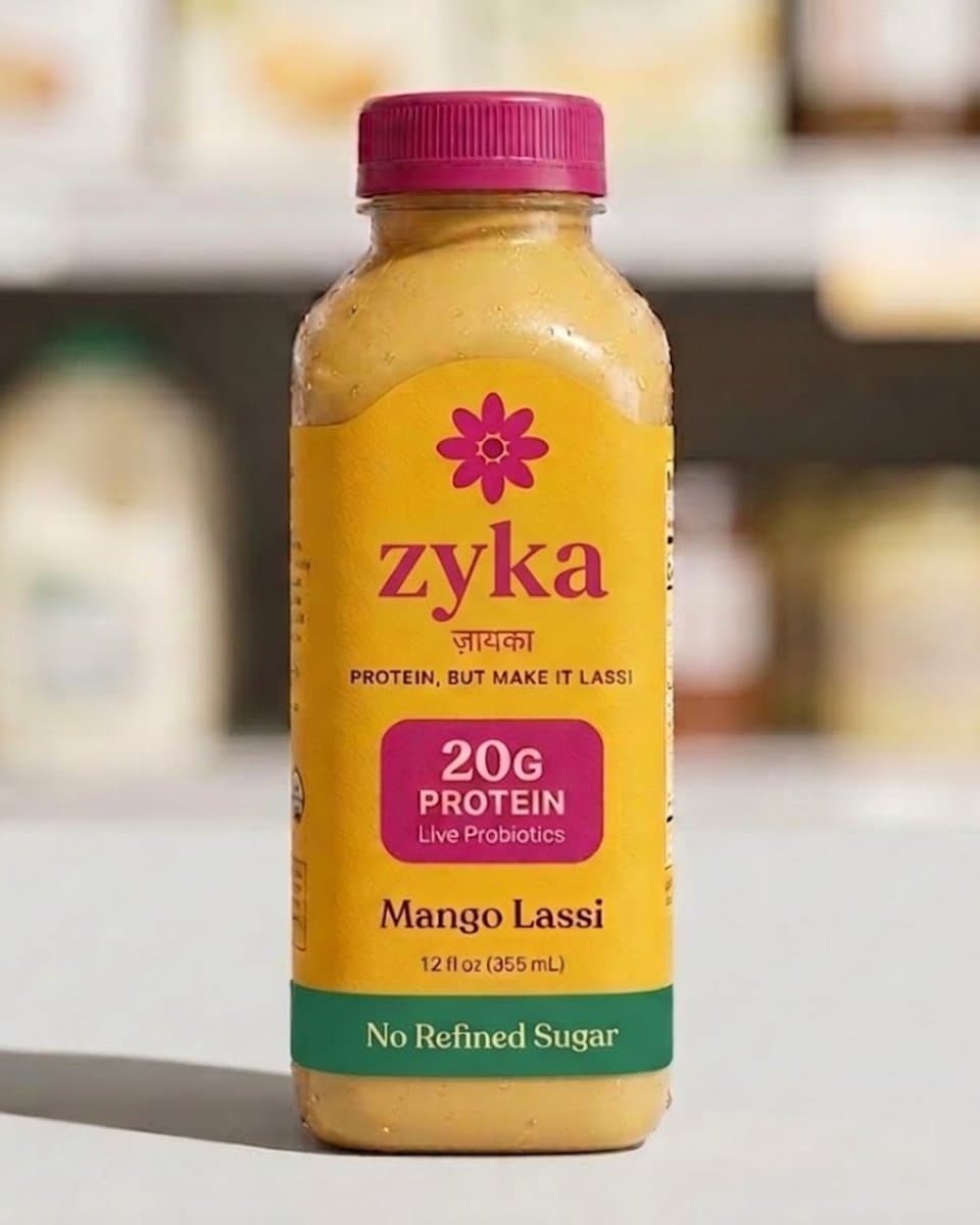 Zyka mango lassi bottle on a grocery shelf